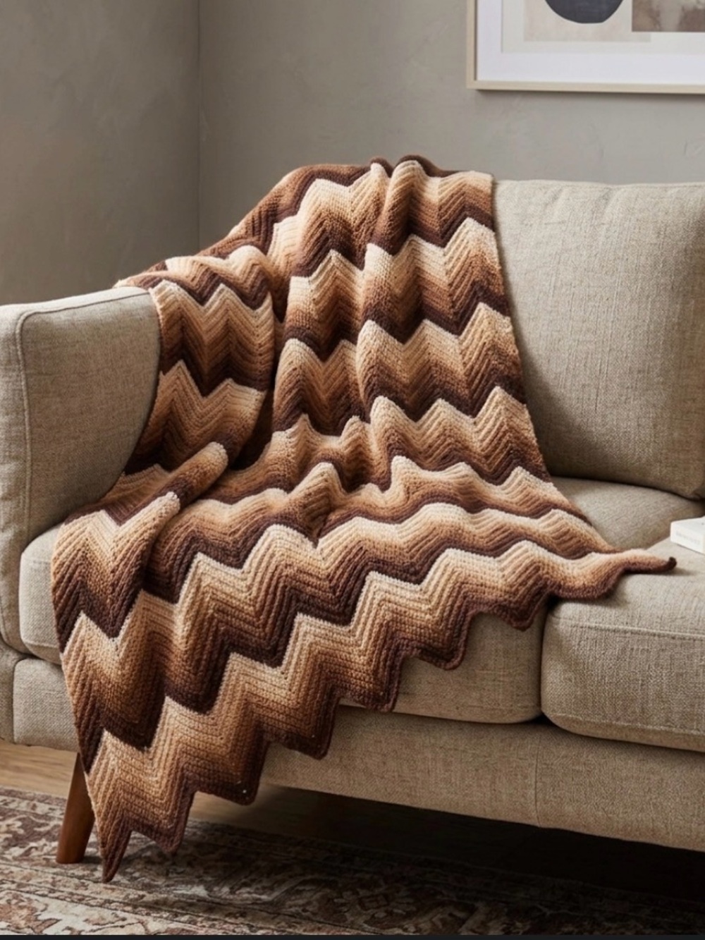 Vintage Handmade Knit Blanket in Brown Chevron